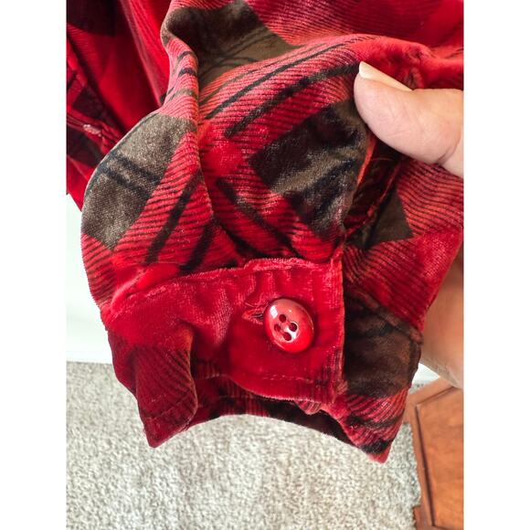 Coldwater Creek Shirt Women XL Red Black Plaid Velvet Tunic Rayon Silk Button Up - Picture 3 of 8